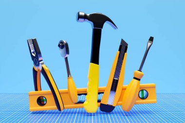 3D illustration of a hand tool for repair and construction: level, screwdriver, hammer, pliers, tape measure. Set of tools