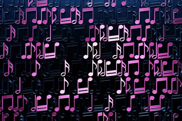 Black music sheet background with pink drawn notes. Simple cartoon design. 3D illustration