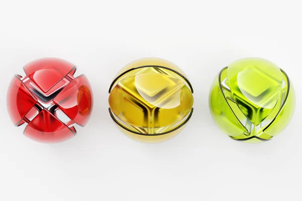 Illustration Three Colorful Lighting Balls Many Faces Crystals Scatter White — 图库照片