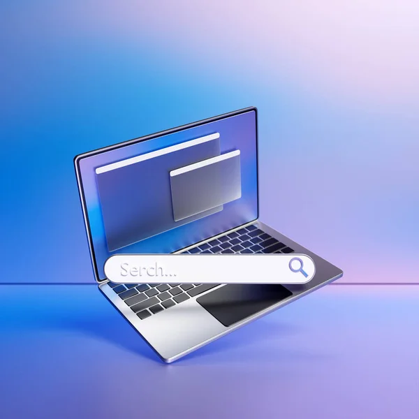 3D illustration of a laptop with an open browser tab on the screen. Internet search using smartphone.