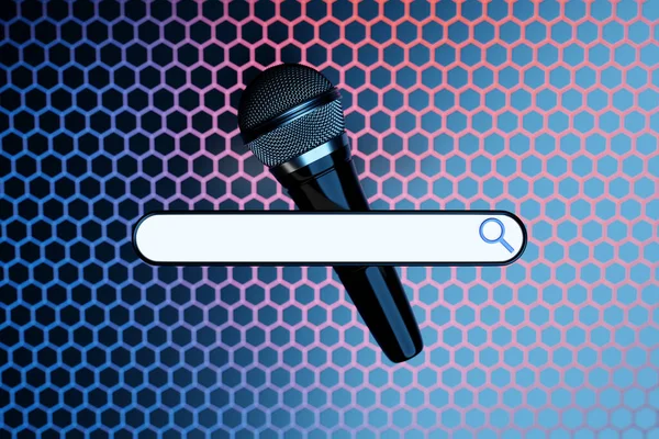 3D illustration of a silver microphone with an information search bar on a colorful background.