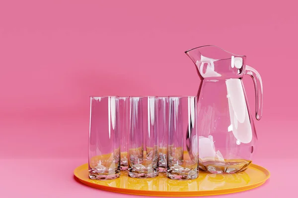 Empty crockery set, decanter with glasses on a pink isolated background. healthy lifestyle concept