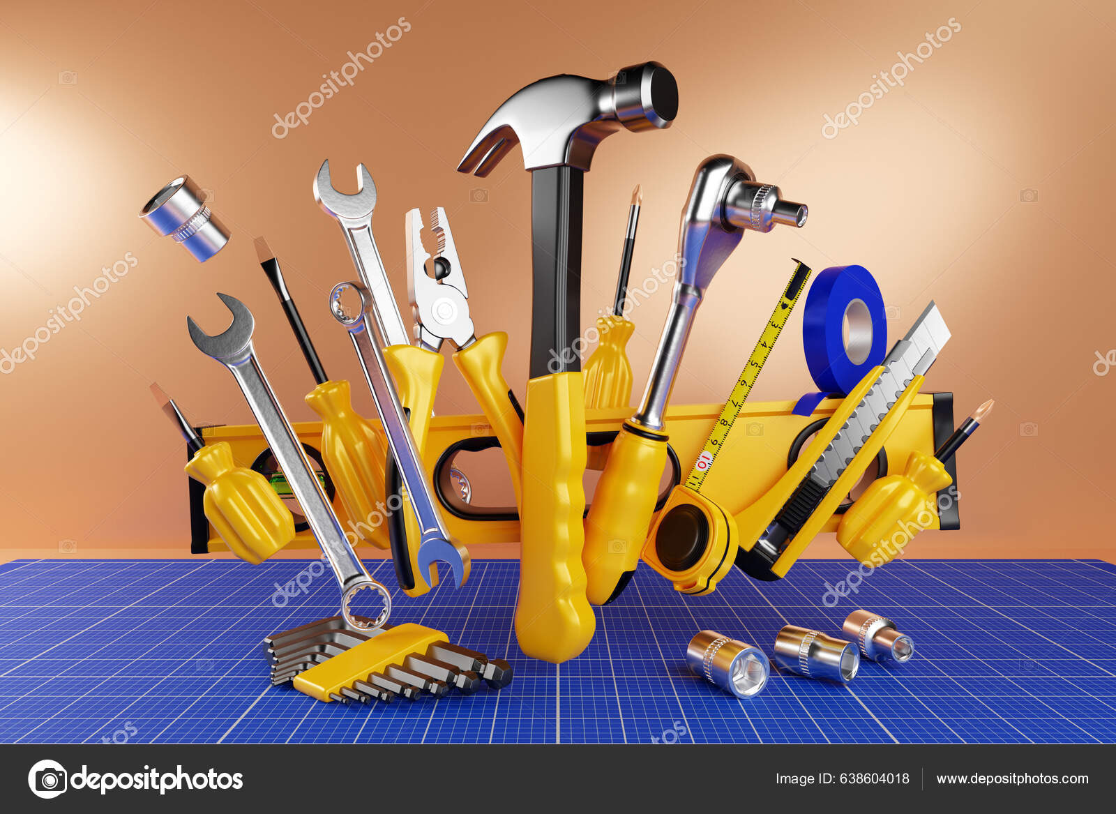 Various Working Tools Construction Repair Screwdriver Level Electrical Tape  Hammer Stock Photo by ©everyonensk 638604018