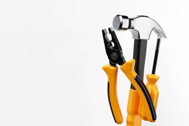 Üç boyutlu kerpeten, çekiç, beyaz arka planda çizgi film stili tornavida. Atölye için el marangozluğu aracı.