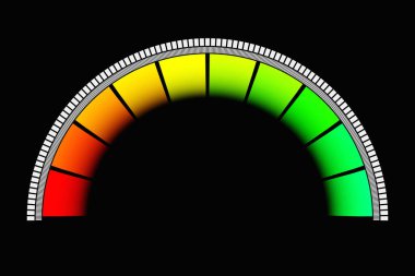 3d illustration of a bright instrument panel depicting values from normal to critical values in different colors on a black  background