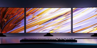 3d illustration, Powerful personal computer gamer with three monitors. Cozy desktop for gamer, monitor with rgb keyboard with blue and neon backlight.