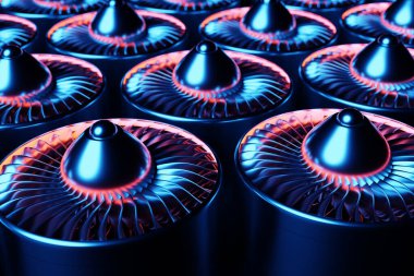 Siyah arkaplandaki kullan-atlara benzer üç boyutlu teknoloji çemberi çizimi. Basit geometrik şekiller