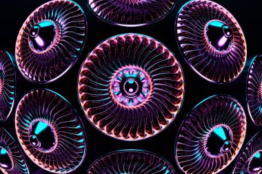 Mor ve mavi ışık altında 3D motorlu roket türbini teknolojisi. Bir uzay aracı türbininin gelecekteki parçası 