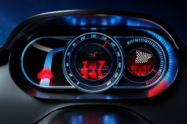 3D illustration of new car interior details. The speedometer shows the maximum speed of 147 km h, the tachometer with red backlight, the navigator shows the way