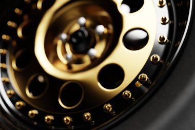 3D illüstrasyon siyah izole arka planda geniş lastikli gerçekçi tekerleği kapat