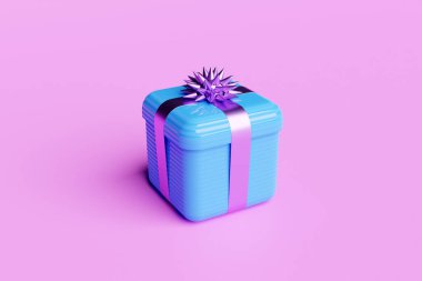 3d illustration of gift in a beautiful purple packaging box, a satin ribbon bow on a pink background. Holiday attributes, gift set