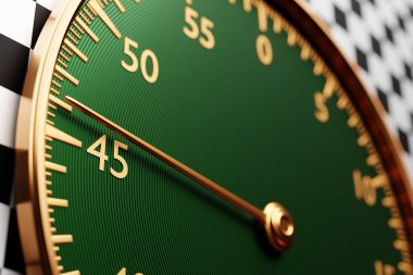 3d illustration  close up  of  black  round clock, stopwatch shows the number 46  on a black and white checkered  background. Chronometer, vintage timer