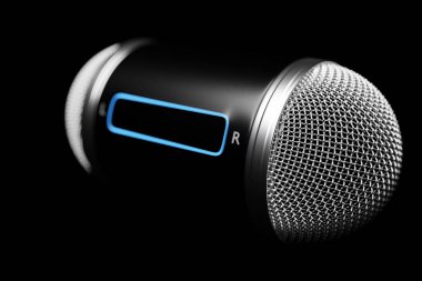 3d illustration close-up of a metal microphone on a black background