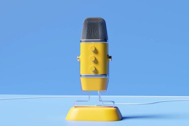 3d illustration, retro   yellow microphone on color background. Music award, karaoke, radio and recording studio sound equipment