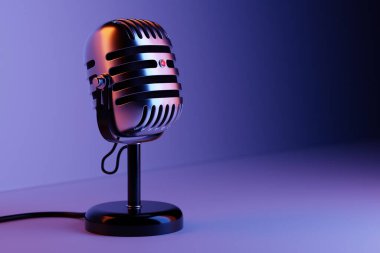 Black metal retro microphone, classic metal microphone on a purple  background, close-up view. Live show, music recording, entertainment concept. 3d illustration