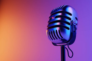 3D illustration, retro style microphone in party or concert on pink background