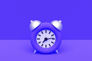 3d illustration purple cartoon wake up alarm clock on isolated monochrome background