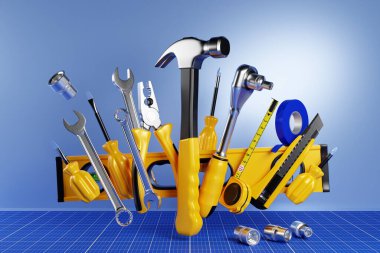 3 boyutlu illüstrasyon tornavida, kilit anahtarı, çekiç, pense, vida vs. El yapımı. Çeşitli çalışma araçları. İnşaat, inşaat, yenileme konsepti.