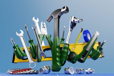 3 boyutlu illüstrasyon tornavida, kilit anahtarı, çekiç, pense, vida vs. El yapımı. Çeşitli çalışma araçları. İnşaat, inşaat, yenileme konsepti.