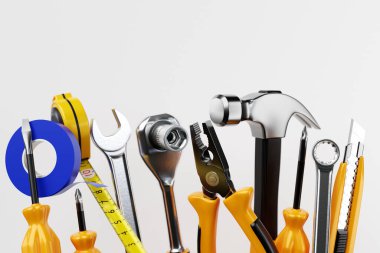 İnşaat ve onarım için çeşitli aletler. Tornavida, seviye, elektrik bandı, çekiç, bıçak, makas, anahtar vs. 3B illüstrasyon