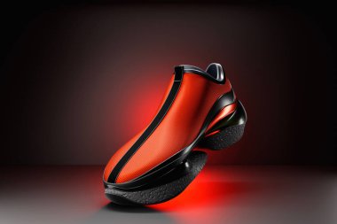 3D illustration of a concept shoe for the metaverse. Colorful  sports boot sneaker on a high platform.
