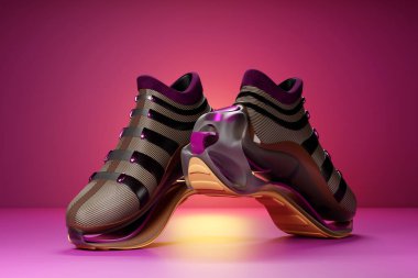 3D illustration of a concept shoe for the metaverse. Colorful  sports boot sneaker on a high platform.