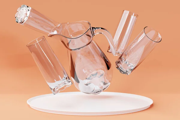 Empty Set Dishes Decanter Glasses Scatter Different Directions Orange Isolated — Foto Stock