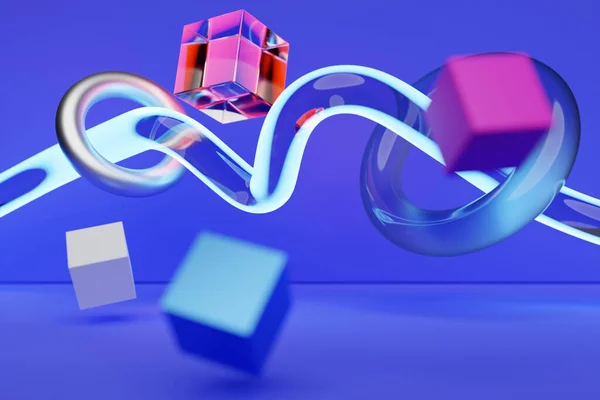Close Blue Pink Illustration Different Cube Torus Flying — Stock Photo, Image