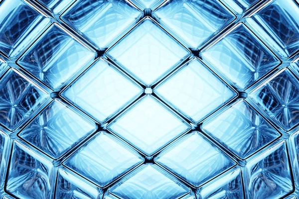 Birçok yüzü olan şeffaf mavi cam bir topun üç boyutlu bir çizimi, kristaller beyaz neon ışığın altında koyu bir arka plana dağılır. Siber top şekli