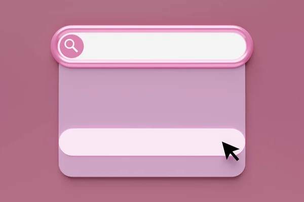 3D illustration search frame, box, panel on the internet with a magnifying glass icon, a large white field for choosing from options on a pink background