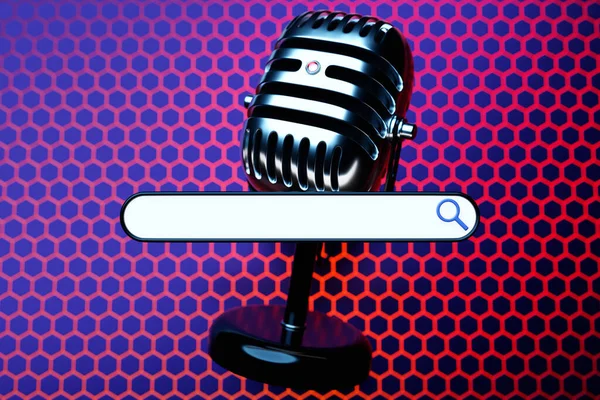 3D illustration of a silver microphone with an information search bar on a pink background. The concept of communication via the Internet, social networks, chat, video, news, messages