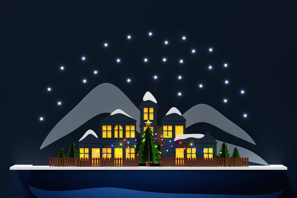 Illustration Christmas Illustration Card Night Small Village City Tree Decorated — Zdjęcie stockowe