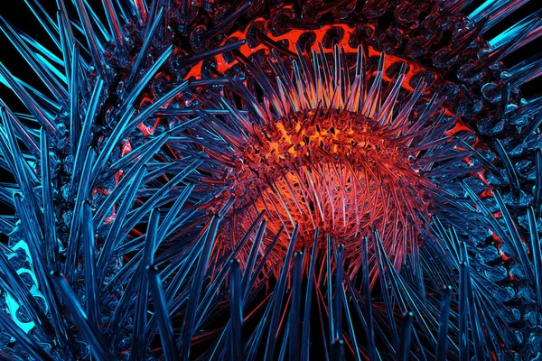 Rendering Abstract Metal Fractal Portal Spikes Neon Lights Spiral Dark — Stock Photo, Image