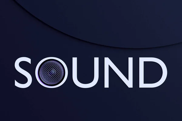 3D illustration inscription SOUND from a music speaker on a dark isolated background. Audio system with speakers for concerts and parties