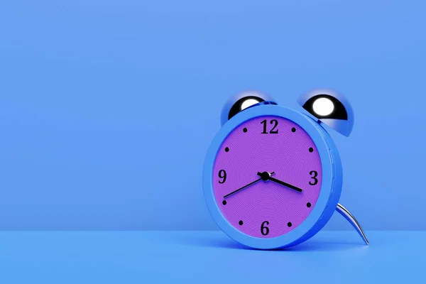 3d illustration blue and purple cartoon wake up alarm clock on isolated monochrome background