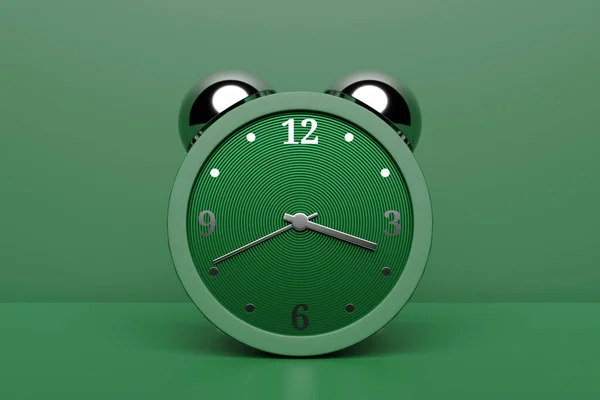 3d illustration green cartoon wake up alarm clock on isolated monochrome background