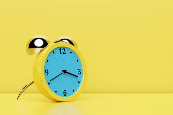 Yellow Blue Vintage Alarm Clock Standing Floor Bright Background Render — Foto Stock