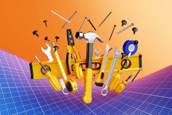 3D illustration of a metal hammer, screwdrivers, pliers, level, tape measure, electrical tape, cutter with yellow handles, nails and screws scatter in different directions. 3D rendering of a hand tool for repair and installation