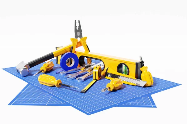 3D illustration of a metal hammer, screwdrivers, pliers, level, tape measure, electrical tape, cutter with yellow handle on graph paper. 3D rendering of a hand tool for repair and installation