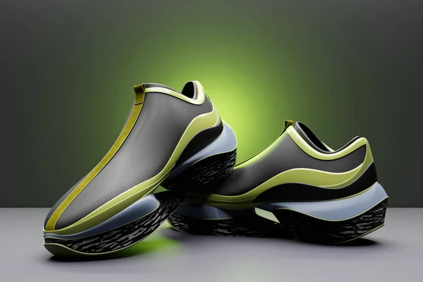 Black Green Sneakers Sole Concept Bright Fashionable Sneakers Rendering — Zdjęcie stockowe