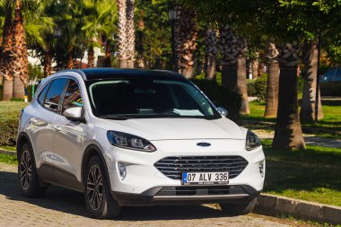 * 23 Ocak 2023: Beyaz Ford Kuga, sıcak bir yaz gününde bahçeye park etti.  