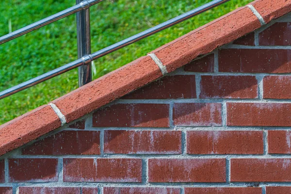 Close Metal Chrome Railing Beautiful Brick Wall — Stock Photo, Image