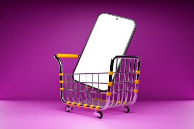 Boş beyaz ekranlı bir telefonun üç boyutlu çizimi bir market arabasında yatıyor. Çevrimiçi mağazalarda mal ve hizmet arama kavramı, pazarlama araştırması