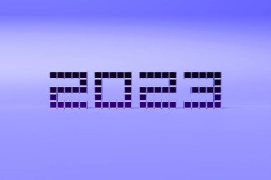 Takvim başlığı: 2023, mor arkaplan. Mutlu yıllar 2023 Renkli geçmiş.