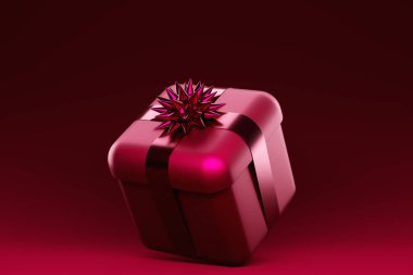 Büyük bir fiyonklu hediye kutusu ve eflatun bir arka planı var. Hediye paketi. 3B illüstrasyon