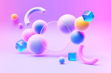 3D illüstrasyon sonsuz sembollü renkli bir arkaplan üzerindeki metin için şeffaf yuvarlak çerçeve 