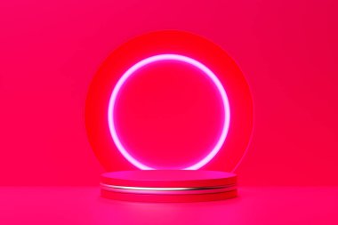 Podyumun 3 boyutlu canlandırması ve boş boşluklu soyut geometrik. Ödül töreni konsepti. Sahne arkaplanı.