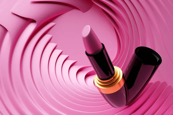 3Dイラスト 現代的なピンク抽象的な形状の口紅パッケージ 上品な化粧品広告バナーモックアップ 美容化粧のコンセプト — ストック写真