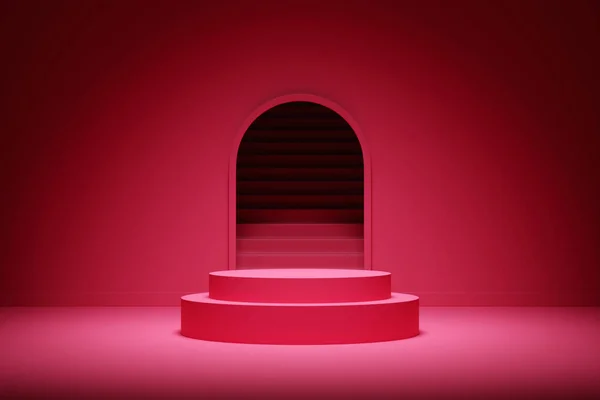 3d illustration of a scene from a circle with round arch at the back on a   magenta  background.