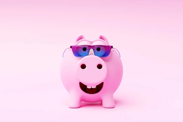 Illustration Pink Piggy Bank Sunglasses Money Creative Business Concept Pink — Stockfoto
